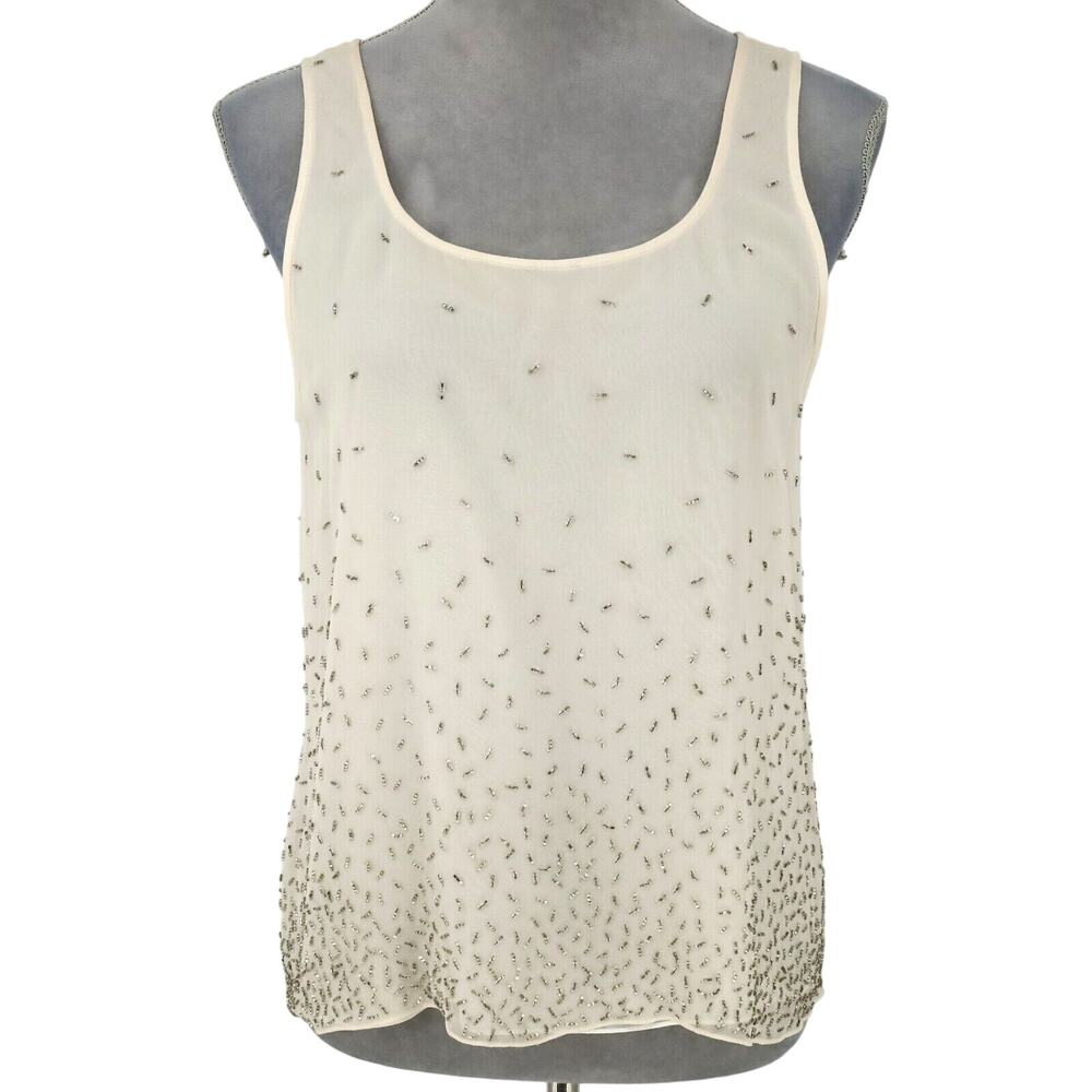 Jones NY Top Womens 10 Ivory Silk Beaded Lined Shell Tank Blouse Camisole Vtg